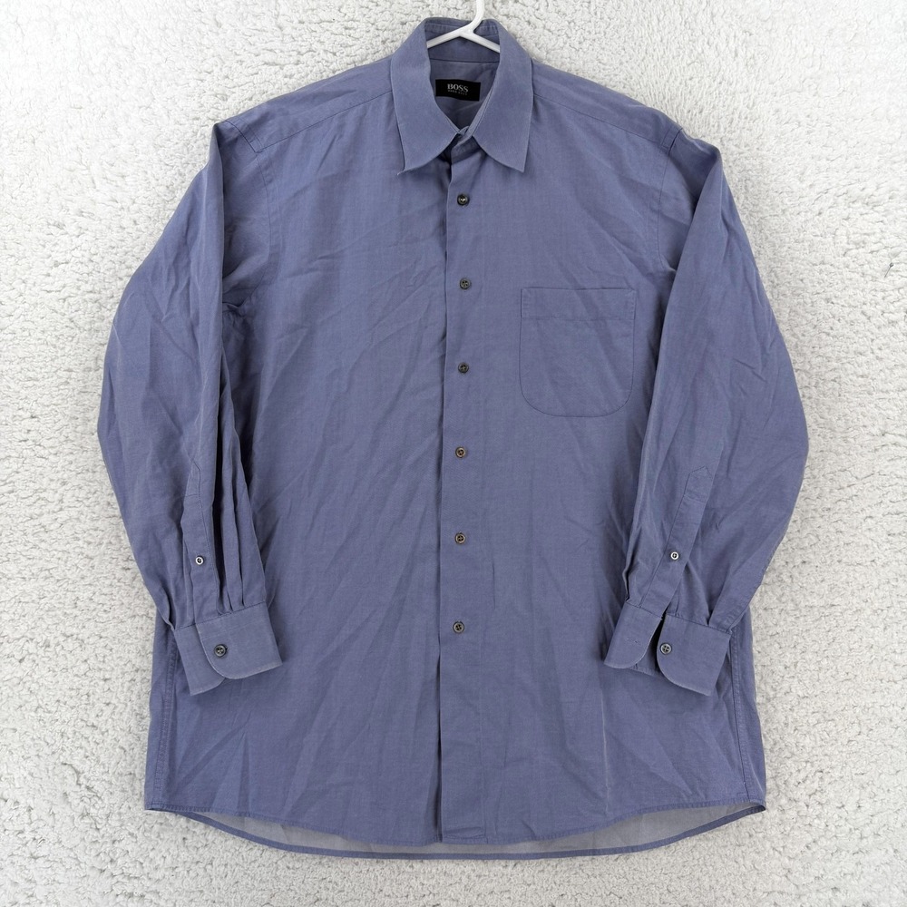 Hugo Boss Shirt Mens 16.5 32/33 Blue Solid 100% Cotton Long Sleeve Dress Twill